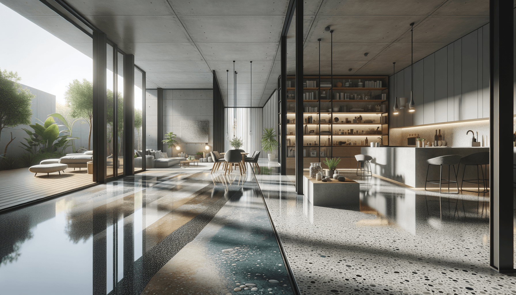 Moderno soggiorno con grandi vetrate e piscina interna.