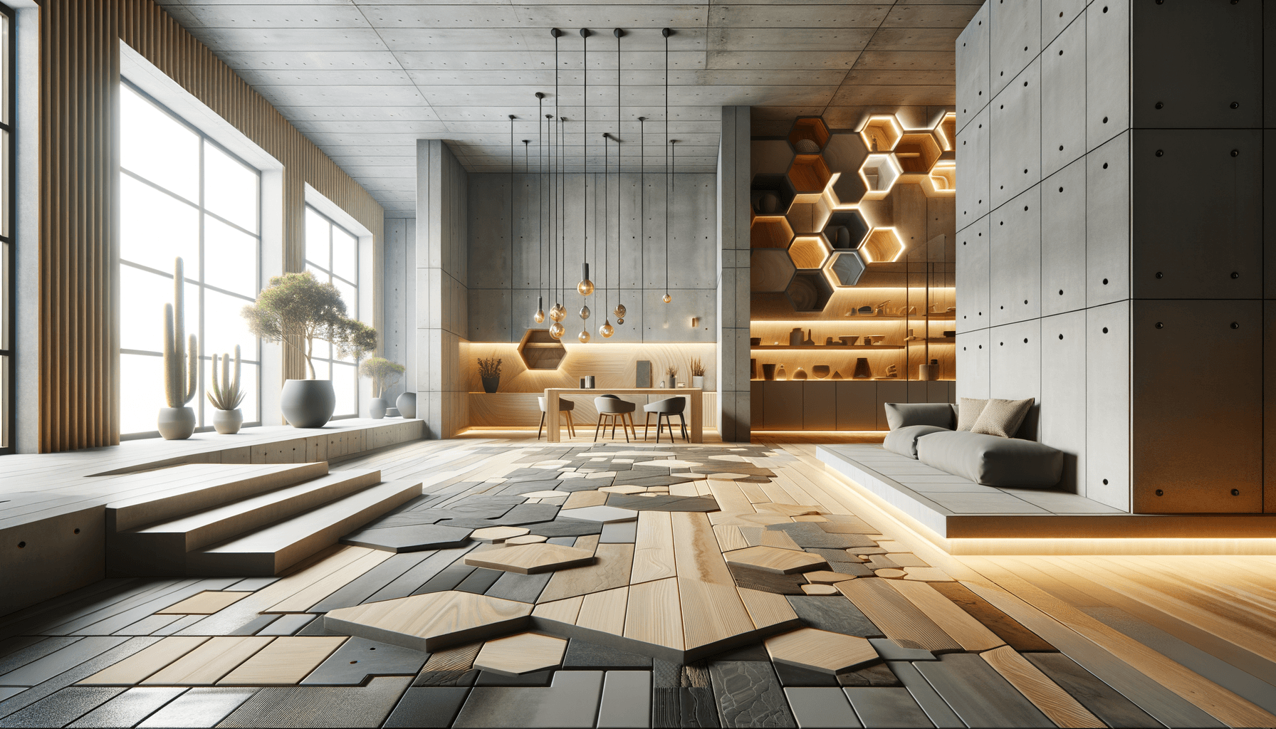 Interno moderno con arredi esagonali e piante