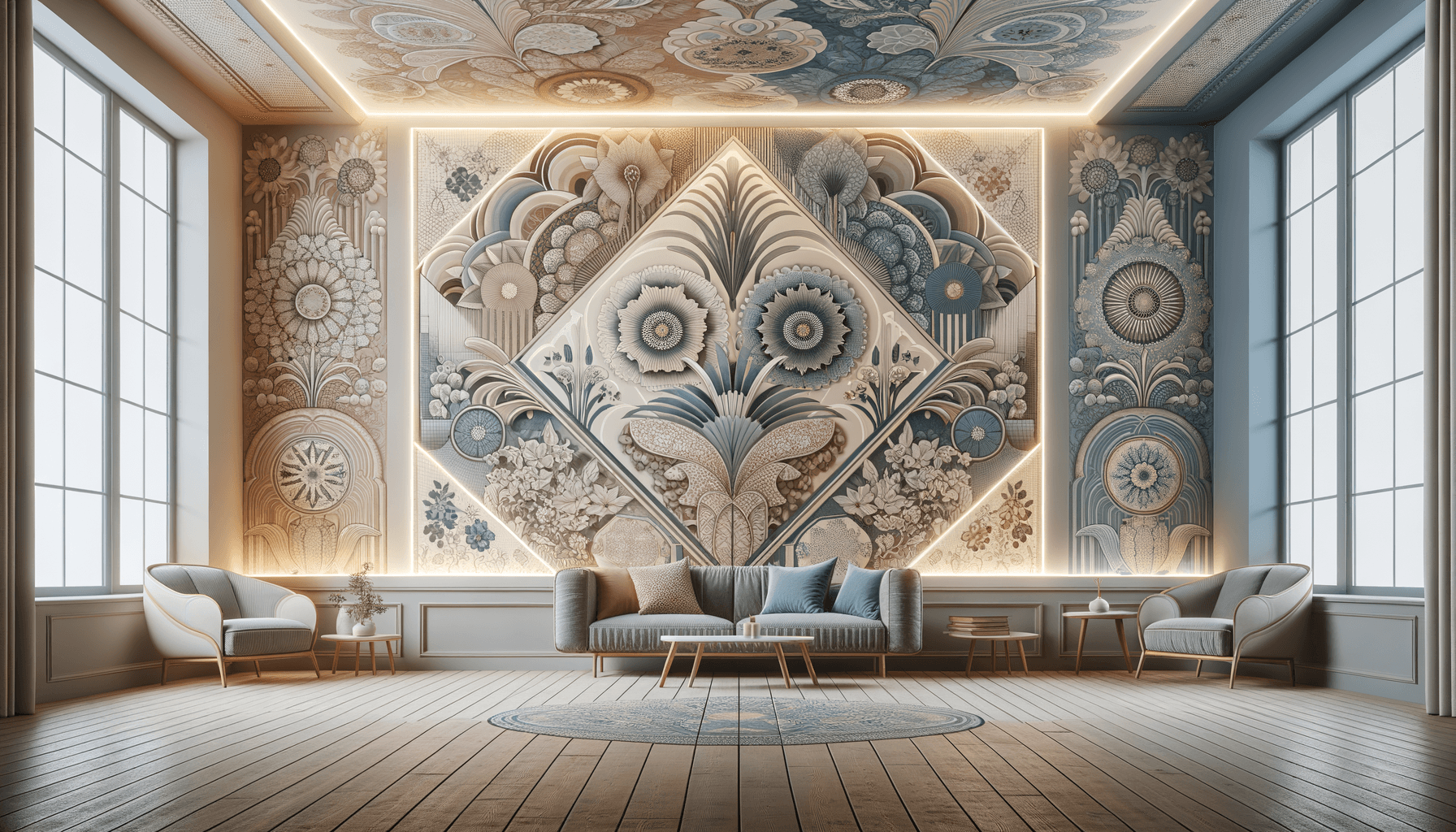 Salotto moderno con decorazioni murali floreali