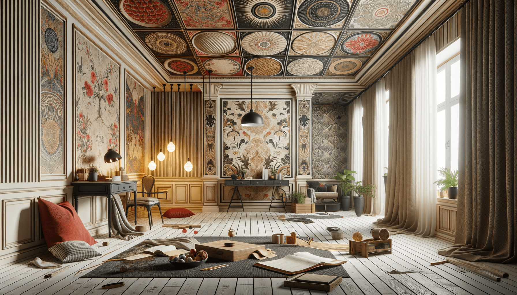 Sala d'arte con decorazioni floreali e arredi eleganti