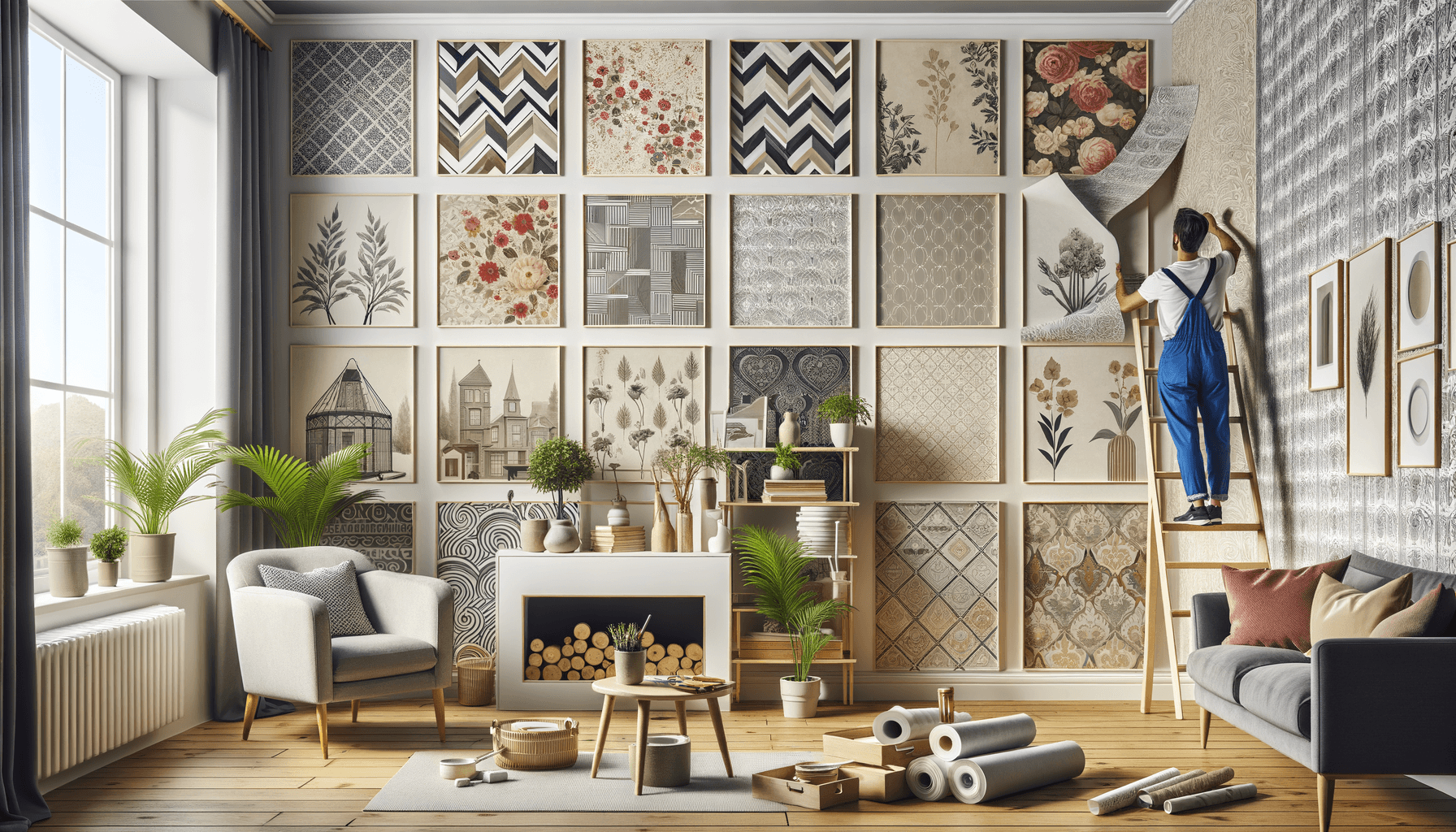 Decorazione parete soggiorno con carta da parati creativa