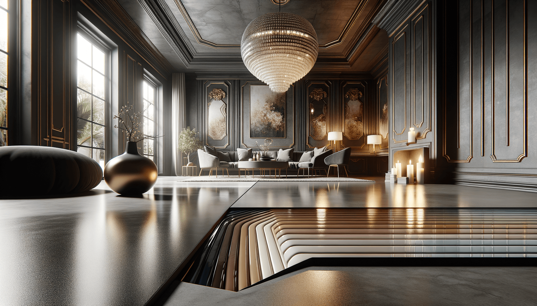 Soggiorno elegante con lampadario e decorazioni lussuose.