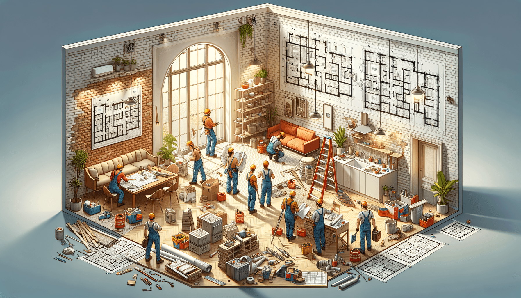 Operai al lavoro su progetto ristrutturazione interni.