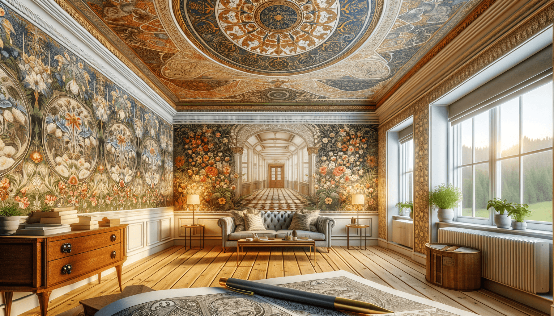 Salotto classico con decorazioni floreali e soffitto affrescato