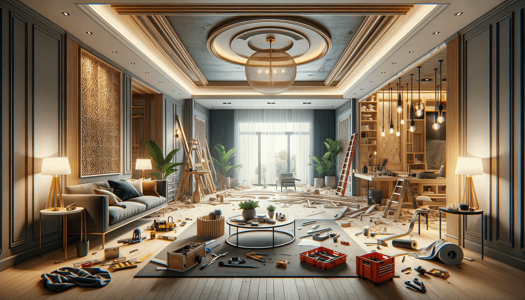 Soggiorno in ristrutturazione con attrezzi e scale.