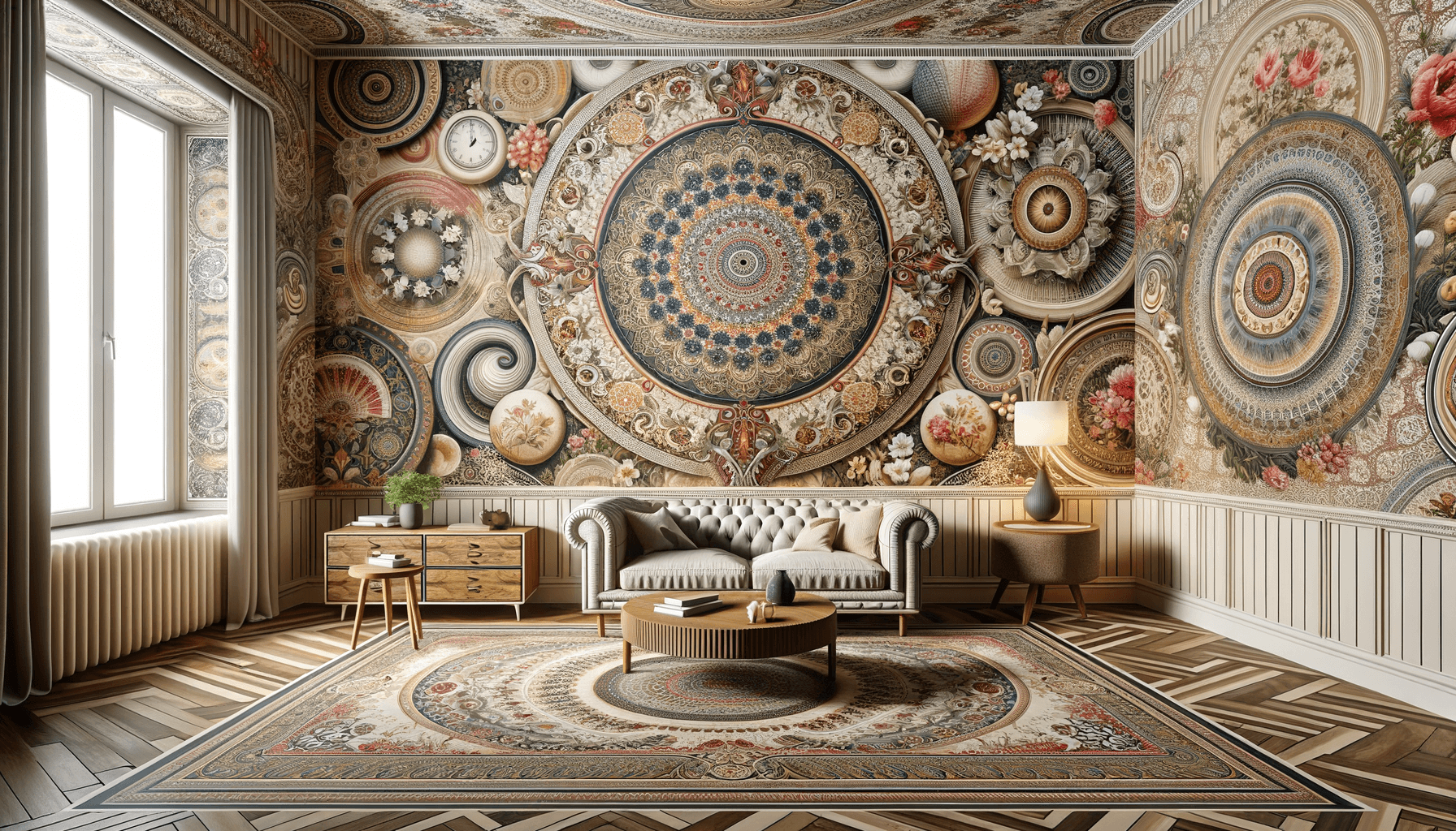 foto di un parato su una parete o un soffitto di una stanza che rappresenti al meglio l’articolo scritto La Rinascita dei Parati: Immagini Antiche di Charme nel Moderno Design di InterniSiamo sempre alla ricerca di nuovi modi per personalizzare i nostri spazi, per aggiungere un senso di unicità e carattere alle nostre case, ed è qui che i parati entrano in gioco. Rispondendo a questa esigenza di personalizzazione e caratterizzazione degli interni domestici, il mondo del design sposta il suo focus sulla rinascita dei parati.Dallo Sfondo all’Eleganza Antica: La Rivoluzione dei ParatiPer decenni, i parati sono stati relegati alla posizione di un mero sfondo, ma ora stanno facendo un ritorno inaspettato e drammatico nel mondo del design d’interni. Il loro ritorno è caratterizzato da un’esplosione di nuovi schemi di colori, di design raffinati e di soluzioni originali che possono rispecchiare personalità e passioni diverse per ogni casa.I parati offrono un’impressionante varietà di sfumature artistiche, impreziosite da disegni che vanno dal paisley classico ai delicati fiori, dalle righe audaci alle fantasie geometriche ipnotiche. Con la loro gamma di colori e design, i parati sono l’ideale per esprimere la tua personalità e per riflettere il tuo gusto personale.Do-It-Yourself: Le Magie dei Parati da PersonalizzarePassando da semplici sfondi a potenti strumenti di design, i parati di oggi possono anche essere personalizzati. Infatti, molti designer e rivenditori offrono la possibilità di creare parati su misura, su cui poter rappresentare le immagini e i disegni desiderati.Inoltre, con l’avvento dei nuovi parati vinilici, l’applicazione è diventata più facile che mai, rendendo il parato un’opzione fattibile anche per i progetti fai-da-te. Questa è una buona notizia per quelli di noi che amano mettersi manos in obra e personalizzare i propri ambienti domestici.Attraverso i secoli, i parati hanno specchiato le tendenze del design dell’epoca, e oggi non fa eccezione. La rinascita dei parati è una dimostrazione del loro continuo e indiscusso fascino nei confronti del pubblico, in termini di stile e funzionalità. Sia che tu stia cercando di aggiungere un po’ di personalità al tuo spazio, sia che tu stia cercando di rimodernare un’intera stanza, i parati sono una soluzione versatile e accessibile.Dal design contemporaneo, passando per gli stili classici fino alle riproduzioni storiche, i parati offrono infinite possibilità per personalizzare il tuo ambiente in modi sorprendenti. Ora più che mai, hanno compiuto una rinascita e stanno di nuovo conquistando i nostri cuori e le nostre case.Che tu sia un’appassionata di design d’interni o un semplice amante degli ambienti ben curati, non c’è dubbio che l’inarrestabile ritorno in voga dei parati stia portando con sé freschezza e innovazione. Quindi, torna a dare un’occhiata a questa tendenza: potresti scoprire di avere un nuovo amore per i parati.Sono tantissime le soluzioni per qualsiasi esigenza e gusto estetico, quindi fai volare la tua fantasia e scopri come i parati possono trasformare la tua casa in un luogo magico. Quindi, perché non dare una nuova vita alle tue pareti con un bellissimo parato? Vedrai che non lo rimpiangerai!
più realistica possibile Soggiorno con tappeto e pareti decorative elaborate.