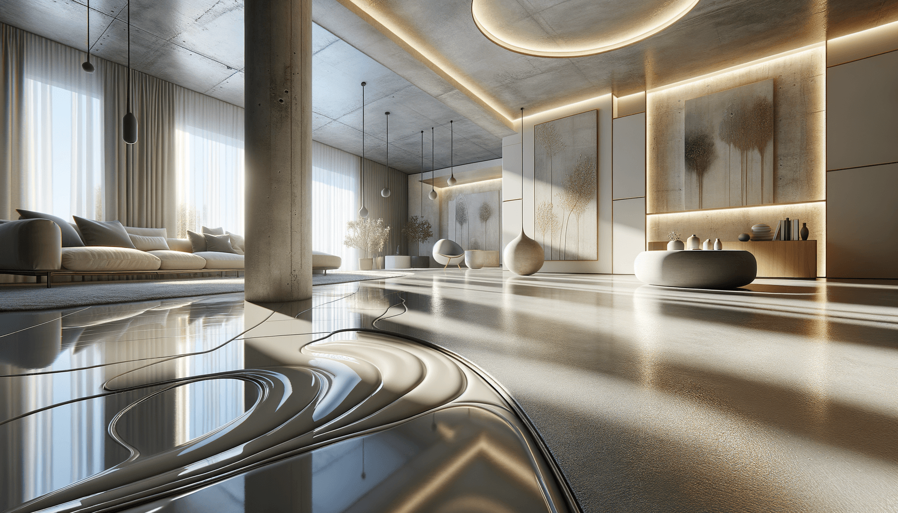 una parete o un pavimento di una stanza che rappresenti al meglio l’articolo scritto La Rivoluzione dei Pavimenti e delle Pareti: Resina e MicrocementoIl mondo dell’edilizia e dell’interior design è in continua evoluzione, sempre alla ricerca di soluzioni innovative che combinino funzionalità, durabilità e bellezza estetica. In questo contesto, i materiali stanno rapidamente cambiando regole del gioco grazie a due protagonisti emergenti: la resina e il microcemento.Resina e Microcemento: i Nuovi Eroi dell’Interior DesignNon appena venite a conoscenza delle caratteristiche e dei vantaggi di questi due materiali, comprenderete immediatamente la loro crescente popolarità. La resina e il microcemento stanno segnando una vera e propria rivoluzione nell’ambito delle finiture di interni, offrendo un’ampia gamma di possibilità di personalizzazione, facili operazioni di posa e, non di meno, una manutenzione ridotta.I Vantaggi della ResinaLa resina offre un incredibile equilibrio tra resistenza e estetica. Il suo aspetto lucido e la sua capacità di riflettere la luce danno un tocco di eleganza a qualsiasi ambiente. Indistruttibile e resistente all’usura, garantisce un’ottima durata nel tempo. Inoltre, non necessita di giunture, il che la rende una soluzione ideale per ambienti di piccole dimensioni o con forme irregolari.Il vantaggio più grande della resina, tuttavia, risiede nelle sue quasi infinite possibilità di personalizzazione. È disponibile in una varietà di colori e può essere tinteggiata, sabbiata o persino texturizzata per dare vita a creazioni uniche.Perché Scegliere il Microcemento?Il microcemento, d’altra parte, offre un’eleganza minimalista ma estremamente versatile. I suoi toni naturali e la sua textura ruvida creano un look moderno e industriale, perfetto per chi preferisce uno stile più semplice e contemporaneo.Anche il microcemento è incredibilmente resistente e facile da mantenere, ed è un’ottima scelta per le zone ad alto traffico. Con un adeguato trattamento, può resistere a graffi, macchie e persino all’acqua, rendendolo un’opzione ideale per la cucina o il bagno.Pavimenti e Pareti in Resina e Microcemento: Come ScegliereEntrambi i materiali sono adatti per pavimenti e pareti, ma la scelta tra uno e l’altro dipende da diversi fattori. Il primo aspetto da considerare è l’estetica: preferite l’aspetto liscio e lucido della resina, o siete più attratti dal fascino grezzo del microcemento?Un altro fattore da considerare è l’uso previsto dell’ambiente. Per una zona ad alto traffico, potrebbe essere più adatto il microcemento, mentre la resina potrebbe essere l’opzione ideale per un ambiente più tranquillo.Resina e Microcemento: una Soluzione per Ogni EsigenzaIn definitiva, resina e microcemento rappresentano una scelta decisamente innovativa e affascinante per pavimenti e pareti. Ogni materiale ha i suoi punti di forza e la possibilità di personalizzare il prodotto finale permette di creare soluzioni uniche, in grado di soddisfare ogni esigenza.Cosa aspettate? Iniziate a sognare il vostro nuovo spazio con resina o microcemento – il futuro dell’interior design è già qui! più realistica possibile Soggiorno moderno con arredamento elegante e illuminazione soffusa.