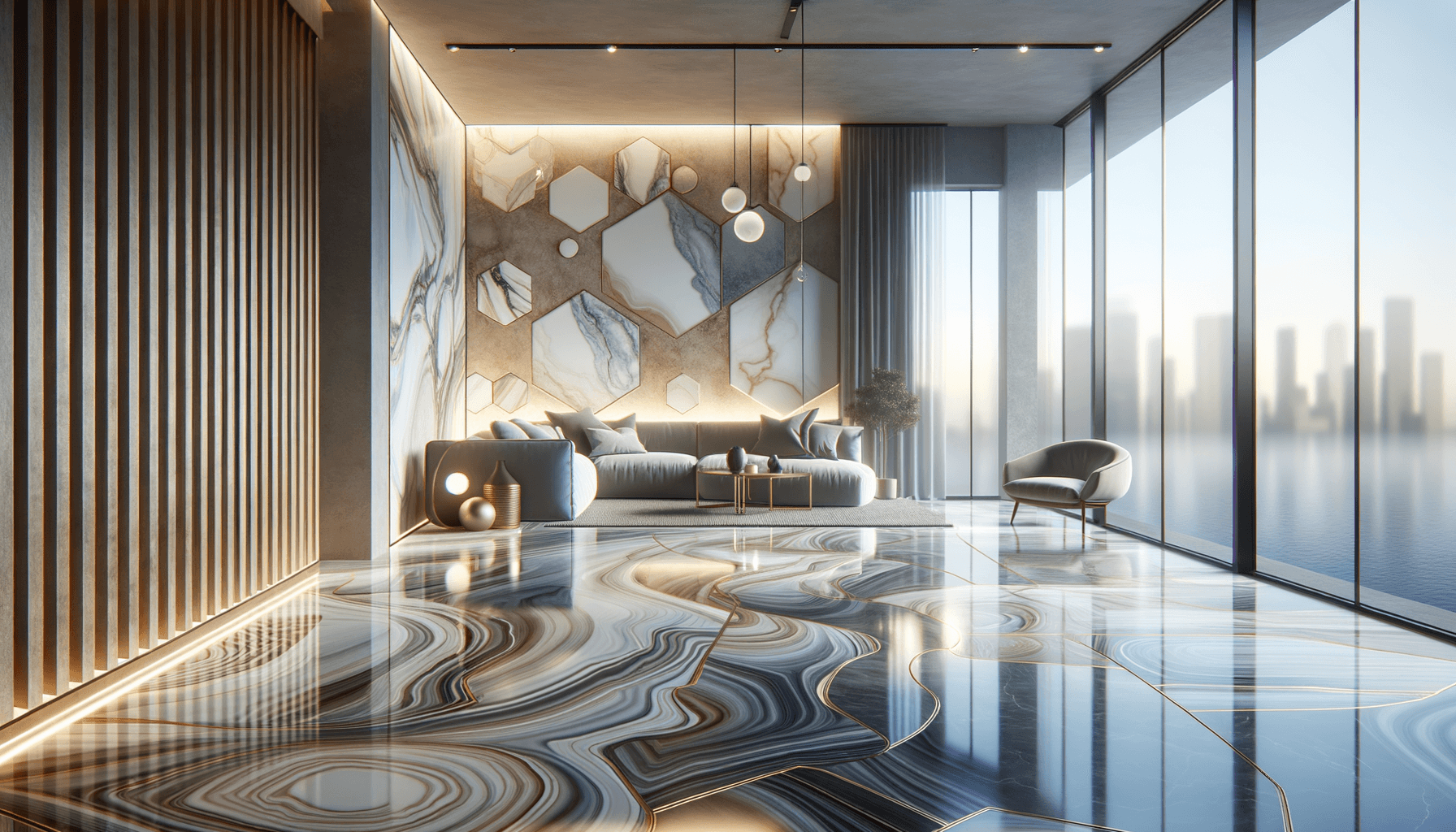 Salotto moderno con vista città, pavimento artistico