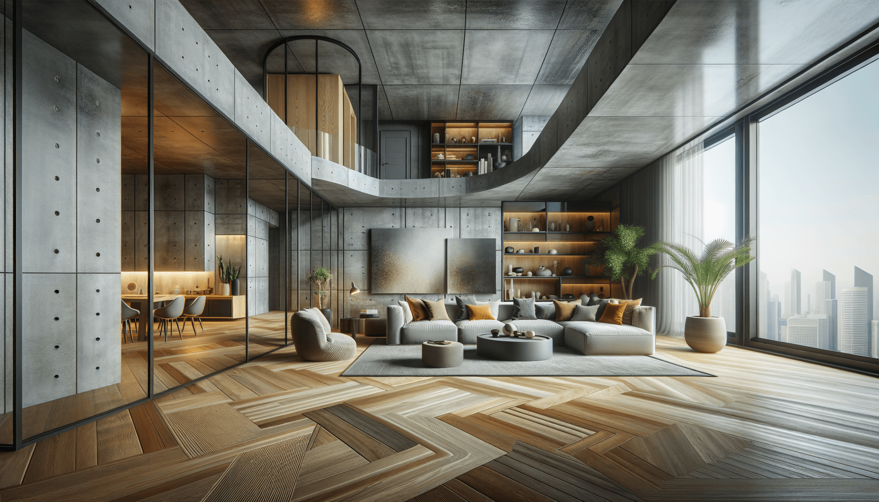 Moderno soggiorno con grandi finestre e pavimento in legno.