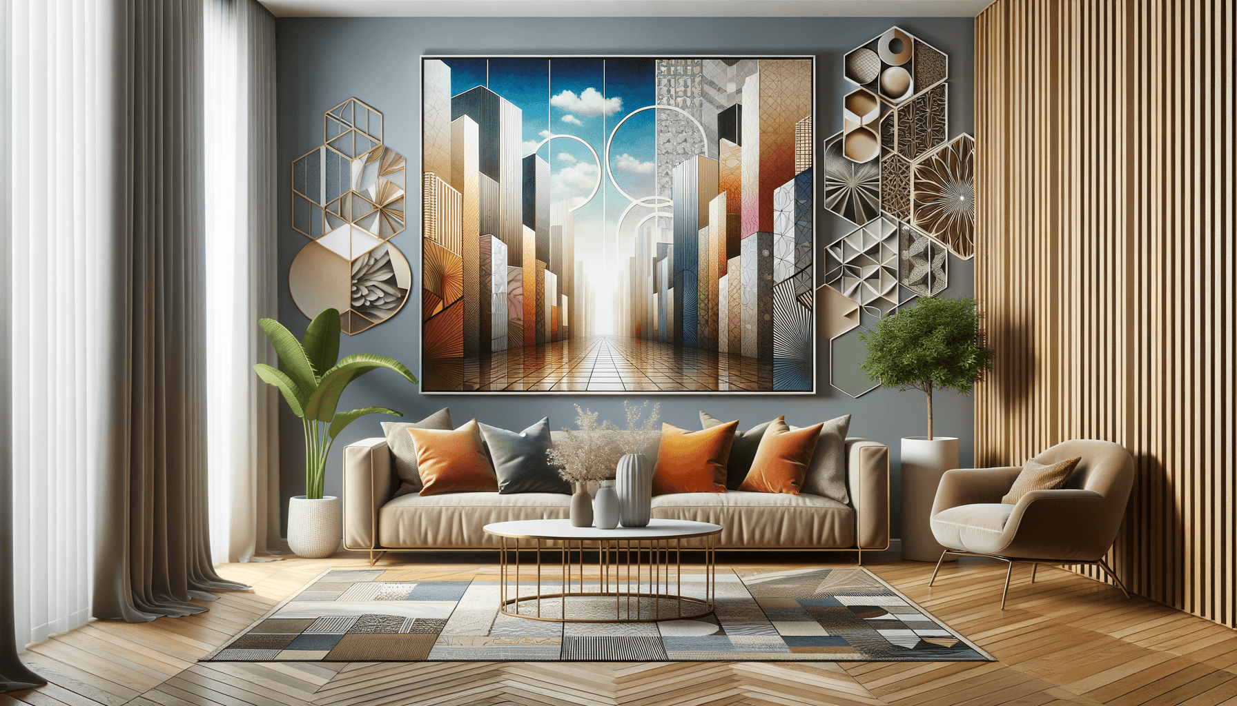 Soggiorno moderno con arredi colorati e opera d'arte