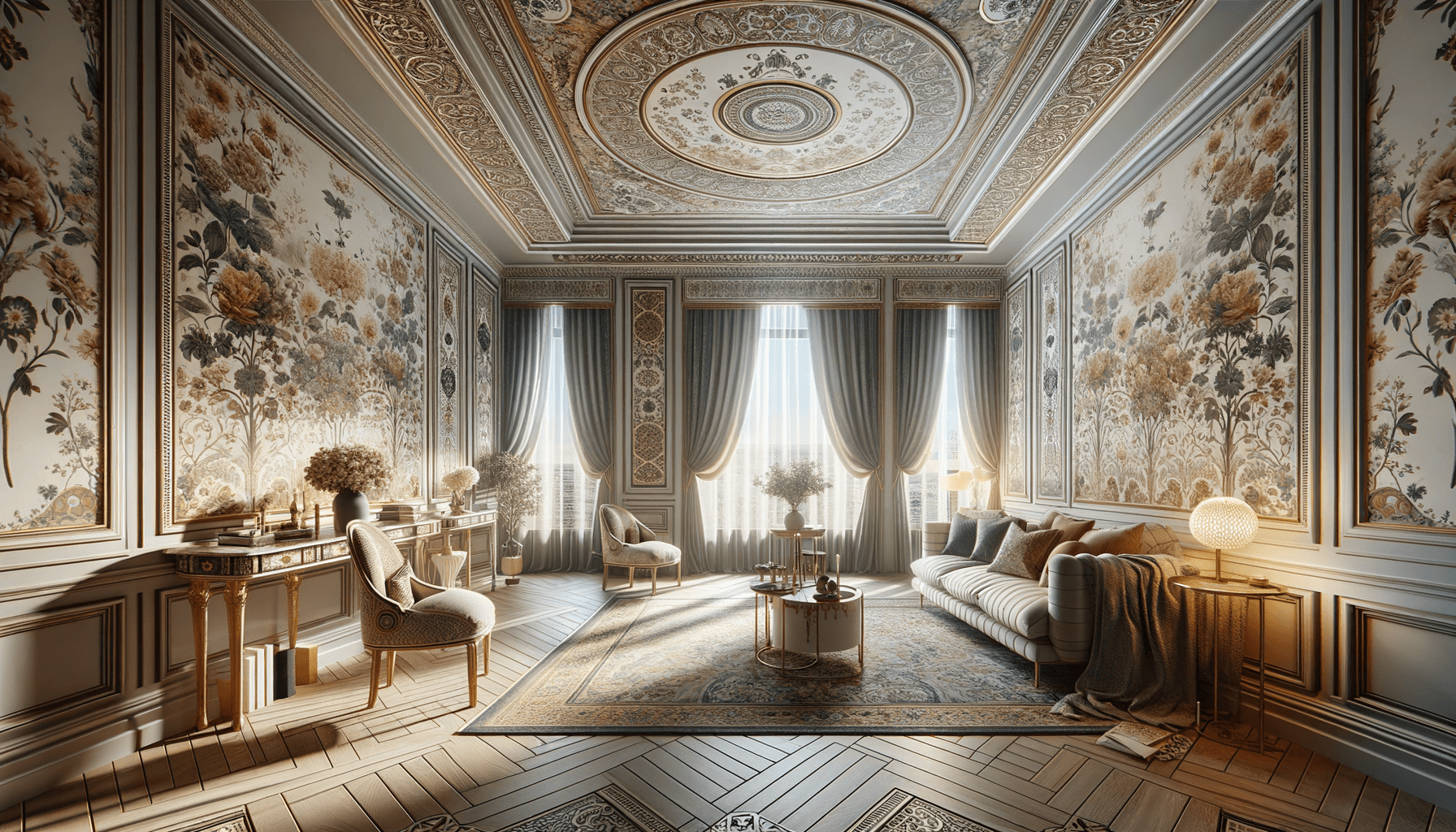 Salotto elegante con decorazioni floreali classiche.