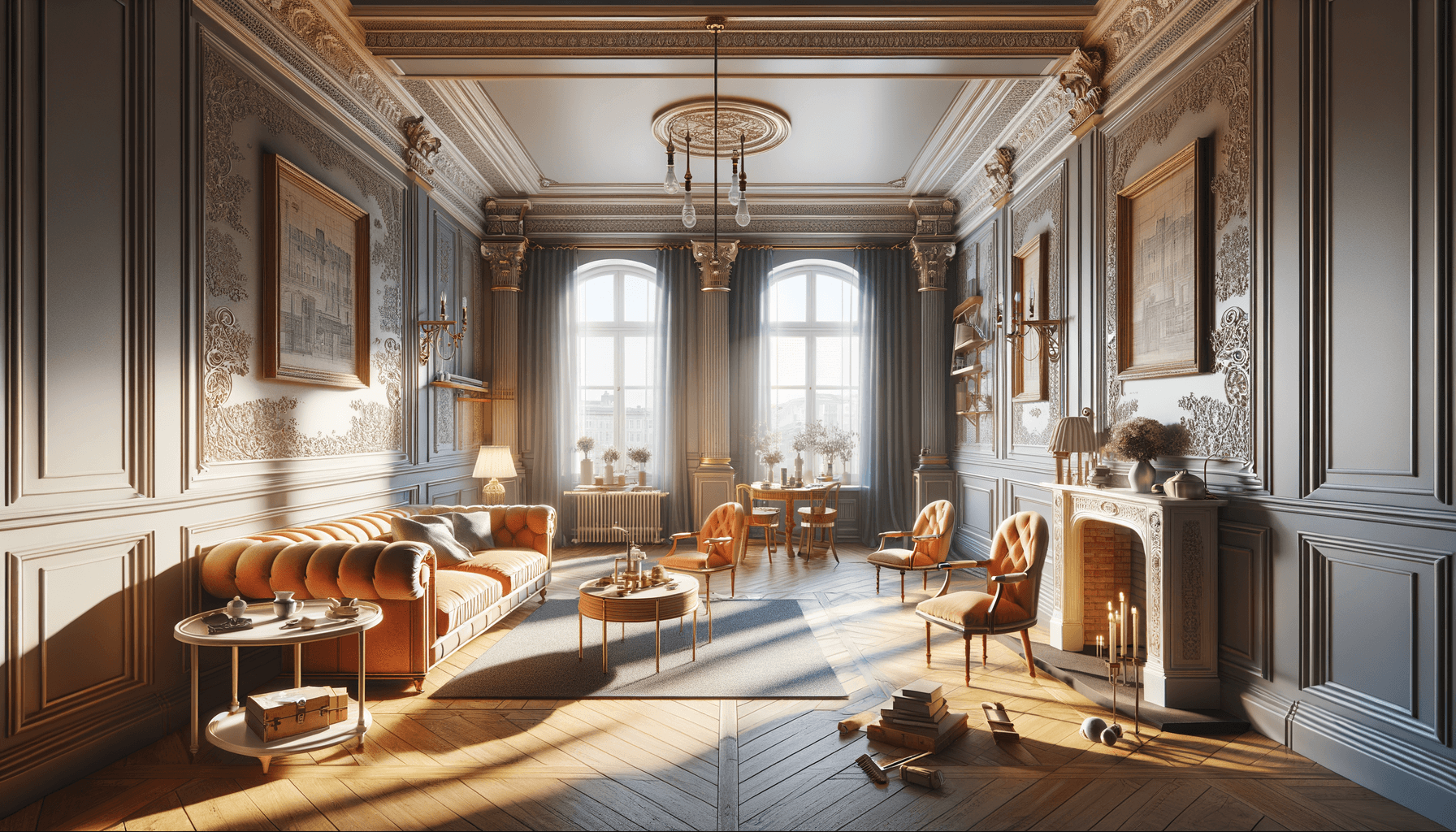 Elegante salotto vintage con divano e camino