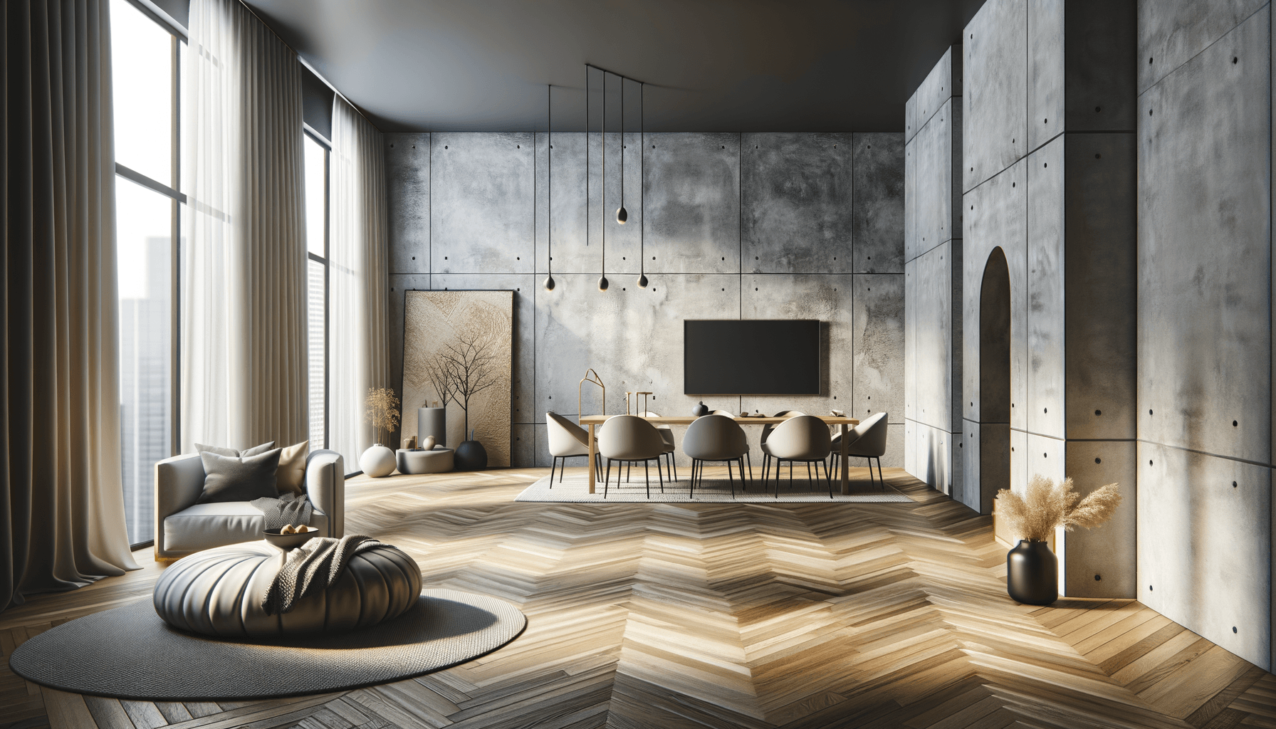 Soggiorno moderno con pavimento in legno e poltrone