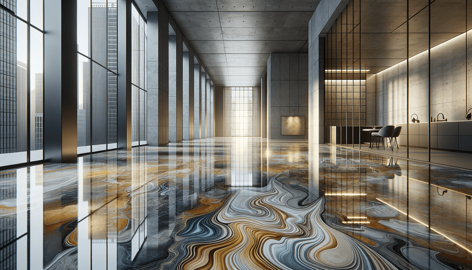 una parete o un pavimento di una stanza che rappresenti al meglio l’articolo scritto Pavimenti in Resina e Microcemento: La Nuova Era dell’Interior DesignUn Tuffo nel Mondo della Resina e del MicrocementoQuando si parla di interior design, l’attenzione si concentra principalmente su mobili e decor, ma spesso si ignora l’importanza di un elemento fondamentale: il pavimento. Al DEL. MAN. s.r.l., siamo sempre alla ricerca delle ultime tendenze e innovazioni in sostanza. Con il nostro affascinante viaggio nel mondo dei pavimenti in resina e microcemento, scoprirete il potenziale di questi materiali nel trasformare qualsiasi interni.La Versatilità delle Pavimentazioni in ResinaLe pavimentazioni in resina, amate dai designer per la loro versatilità e durabilità, stanno rivoluzionando il concetto di interior design. Queste superfici, realizzate con un mix di resine epossidiche, poliuretaniche o acriliche, possono essere applicate su qualsiasi tipo di sottofondo esistente, rendendo più semplice ed economica la ristrutturazione.I pavimenti in resina garantendo un’ampia varietà di opzioni cromatiche e di finiture, da quelle lucide a quelle opache, creando un ambiente univoco personalizzato secondo i vostri gusti ed esigenze. La loro continua superficie senza giunture dona un aspetto moderno ed elegante agli interni, mentre la resistenza li rende ideali per spazi ad alto traffico.Microcemento: L’Innovativa Soluzione per Interni e EsterniIl microcemento è un altro materiale da non sottovalutare quando si parla di rinnovamenti. Questo prodotto rivoluzionario, realizzato con calce, silica, resine polimeriche e pigmenti coloranti, si sta rapidamente diffondendo grazie alla sua notevole versatilità e resistenza.Le Caratteristiche Uniche del MicrocementoIl microcemento può essere applicato su quasi tutti i tipi di superfici, sia interne che esterne. Grazie alla sua ridotta spessore (2-3 millimetri), il microcemento è l’opzione ideale per la ristrutturazione senza la necessità di rimuovere il rivestimento esistente.Il microcemento offre un’ampia gamma di colori e finiture, consentendo la creazione di spazi dall’estetica industriale o rustica. La sua superficie continua, priva di giunture, dà un aspetto pulito ed elegante a qualsiasi ambiente.In conclusione, sia i pavimenti in resina che quelli in microcemento si stanno consolidando come una delle tendenze più hot dell’interior design contemporaneo. La loro eccellente versatilità, resistenza e la possibilità di personalizzazione li rendono una scelta eccellente per qualsiasi stile di casa o ufficio.Alla DEL. MAN. s.r.l., siamo convinti che queste tecniche innovative di pavimentazione siano un’ottima soluzione per dare nuova vita ai vostri ambienti. Che stiate considerando un’ampia ristrutturazione o semplicemente desideriate dare un tocco di modernità al vostro spazio, i pavimenti in resina e microcemento potrebbero essere proprio quello che state cercando. più realistica possibile Atrio moderno con pavimento marmorizzato colorato