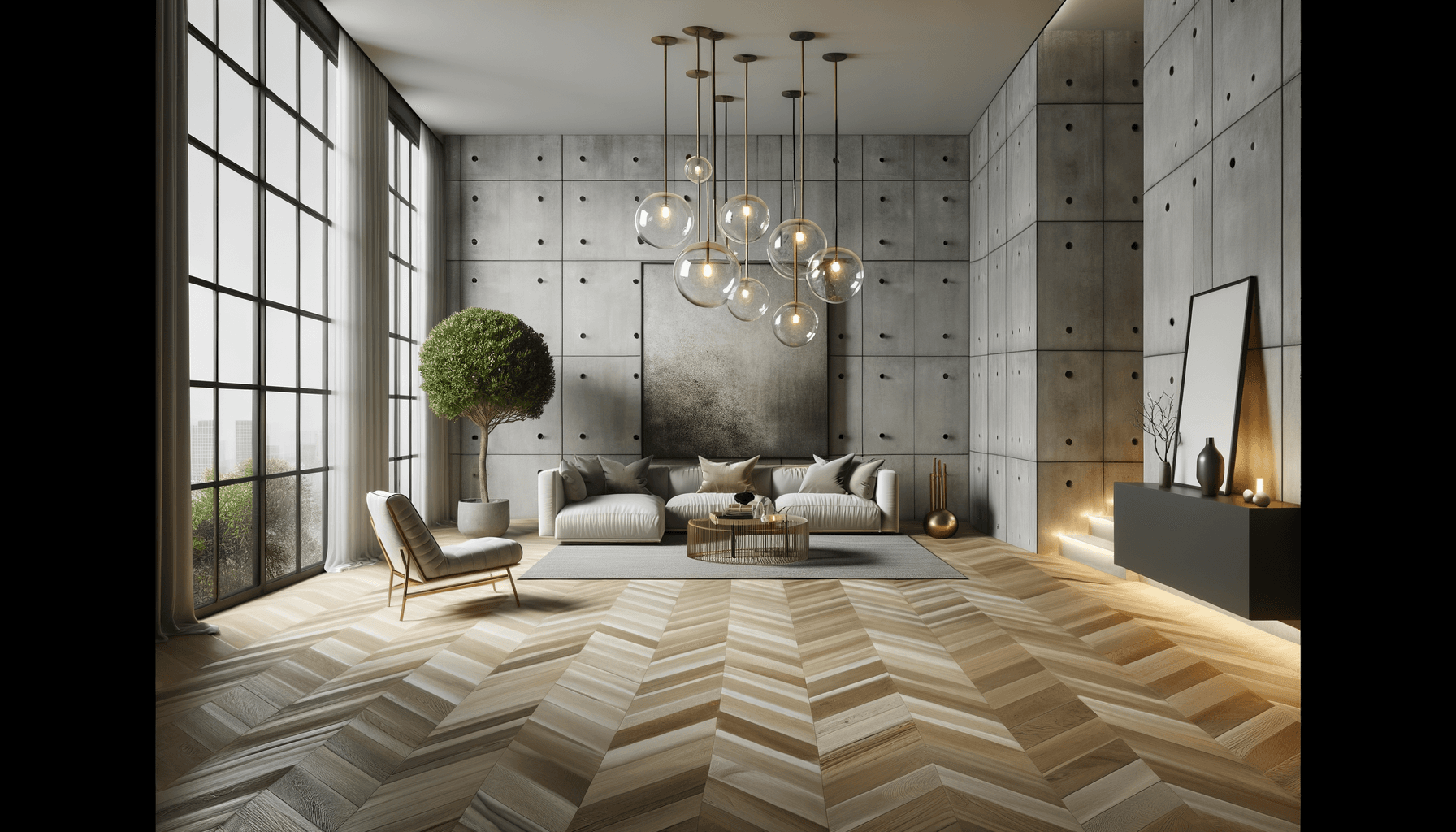 una parete o un pavimento di una stanza che rappresenti al meglio l’articolo scritto Il Fascino Moderno di Pareti e Pavimenti in Resina e MicrocementoUn tocco contemporaneo a ogni ambienteQuando si tratta di rivestimenti sia per interni che per esterni, la resina e il microcemento emergono come scelte eccellenti per coloro che cercano un’estetica moderna e minimalista. Dotate di un fascino industriale e allo stesso tempo elegante, queste soluzioni offrono una magnifica palette di colori e finiture che si adattano a una moltitudine di stili di arredamento diversi.Qual è l’attrattiva delle pareti e dei pavimenti in resina e microcemento?Semplicità e VersatilitàUno dei principali vantaggi delle superfici in resina e microcemento è la loro semplicità. Non c’è bisogno di rifinire gli interni con dettagli complicati; le pareti e i pavimenti parlano da soli. Ciascuno è capace di creare un impressionante effetto monolitico che fa sembrare qualsiasi spazio più grande e più luminoso.DurabilitàOltre alla loro eleganza, pareti e pavimenti in resina e microcemento sono noti per la loro durabilità. Questi materiali robusti resistono alle abrasioni e alla pressione, durando nel tempo senza perdere il loro aspetto originale.PersonalizzazioneForse la caratteristica più suggestiva di queste superfici è la loro capacità di essere totalmente personalizzate. Grazie alla varietà di tecniche di finitura, è possibile decidere l’aspetto della resina o del microcemento per farlo integrare perfettamente con il resto dell’ambiente.Manutenzione SempliceGrazie alla loro struttura non porosa, le superfici in resina e microcemento sono incredibilmente facili da pulire. Niente più preoccupazioni per le macchie o le impronte!EcocompatibilitàAll’epoca dell’ecologia e della sostenibilità, la resina e il microcemento punteggiano alto. Sono composti prevalentemente da materiali naturali e sono amici dell’ambiente.AdattabilitàSia la resina che il microcemento si adattano perfettamente a qualsiasi tipo di architettura, dal nuovo al ristrutturato, grazie alla loro capacità di adattarsi a qualsiasi forma e dimensione.ComfortOltre a essere eleganti, le superfici in resina e microcemento sono confortevoli sotto i piedi, offrendo una sensazione di calore nonostante la loro apparenza industriale.Installazione Rapida e PulitaUn altro vantaggio delle superfici in resina e microcemento è che la loro installazione risulta essere piuttosto semplice e ordinata.Ampia Scelta di Colori e TextureLast but not least, sia la resina che il microcemento offrono una vastissima gamma di colori e texture per soddisfare qualsiasi esigenza estetica.Non c’è dubbio che le pareti e i pavimenti in resina e microcemento rappresentano una scelta eccellente per dare un tocco di eleganza e contemporaneità ai tuoi ambienti. Un’opzione per chi cerca un design durevole, versatile e di grande impatto visivo.
più realistica possibile Moderno soggiorno con arredi eleganti e ampie finestre.