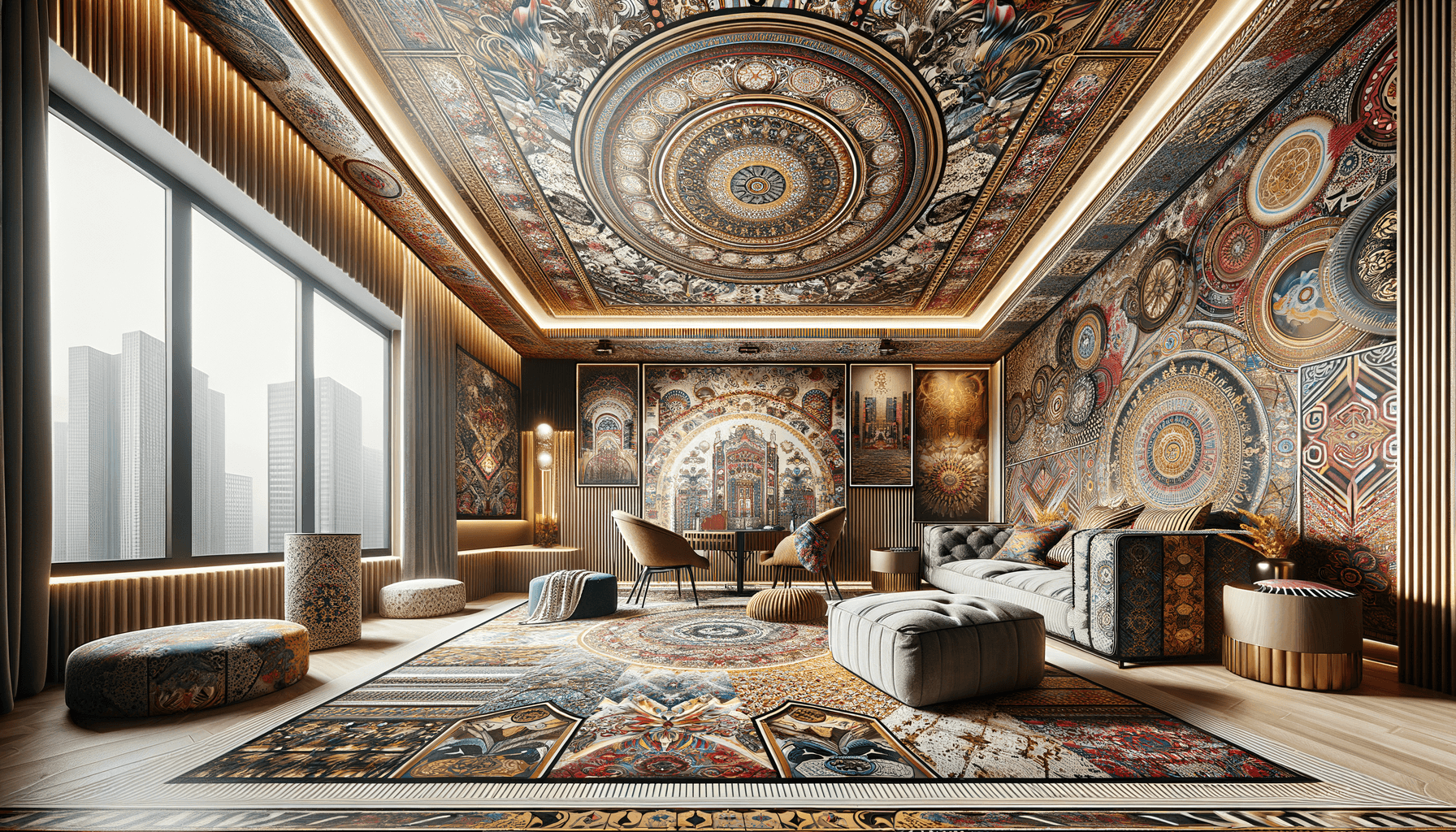 foto di un parato su una parete o un soffitto di una stanza che rappresenti al meglio l’articolo scritto Scopri Come Trasformare il Tuo Spazio con i Parati: una Guida CompletaL’arte di utilizzare i parati per rinnovare il tuo spazioI parati sono una scelta audace e bella per conoscere, esplorare e godersi tutto ciò che riguarda la decorazione di interni. Questi prodotti audaci, disponibili in un’ampia varietà di colori, modelli e texture, ti permettono di trasformare il tuo spazio senza dover spendere una fortuna. Che tu stia cercando di rinfrescare il tuo soggiorno o di dare un completo lifting alla tua camera da letto, i parati possono dare il tono giusto alla tua ristrutturazione.Le texture dei parati aggiungono un tocco finale all’aspetto e al tocco del tuo spazio, creando un’esperienza visuale unica. Con il passare del tempo, i parati sono diventati un’opzione sempre più popolare tra gli amanti del design, e noi del giornale DEL. MAN s.r.l. siamo qui per guidarti attraverso il viaggio della scelta del parato perfetto per te.Come scegliere il parato giustoIl segreto per scegliere il parato giusto risiede nell’identificare il tuo stile e le tue esigenze. Ti piacciono i colori vivaci e audaci o preferisci toni più neutrali e sottili? Vuoi un modello unico o preferisci qualcosa di più tradizionale? Questi sono solo alcuni dei fattori da considerare.Una vasta gamma di parati da scegliere ti dà la libertà di esprimere la tua personalità e il tuo senso dello stile. Dal minimalismo alla bohème, dai modelli geometrici alle stampe floreali, ci sono parati che si adattano a tutti.Un’altra cosa da considerare è dove si vuole posizionare il parato. Mentre alcuni parati possono essere adatti per l’intera stanza, altri potrebbero essere più adatti come particolari accenti murali. Inoltre, la quantità di luce naturale nella stanza può anche influenzare l’aspetto del parato.I parati, quando utilizzati correttamente, possono trasformare il look di un’intera stanza. Che tu sia alla ricerca di un aspetto moderno o cerchi qualcosa di più classico, sei sicuro di trovare il parato che fa per te.La versatilità dei parati è il loro punto di forza: infatti possono essere utilizzati non solo sulle pareti, ma anche per decorare mobili o come un tocco di stile su un soffitto. Con un po’ di creatività, i parati possono davvero far fare un salto di qualità alla tua casa.Quindi, che aspetti? Inizia il tuo viaggio alla scoperta dei parati oggi stesso. Con un po’ di ricerca e una buona dose di creatività, ti stupirai di quanto possa essere facile ed emozionante decorare la tua casa. E non dimenticare, noi del DEL. MAN s.r.l. siamo sempre qui per ispirarti e fornirti gli ultimi consigli e tendenze nel mondo del design. più realistica possibile Soggiorno con decorazioni intricate e vista sulla città.