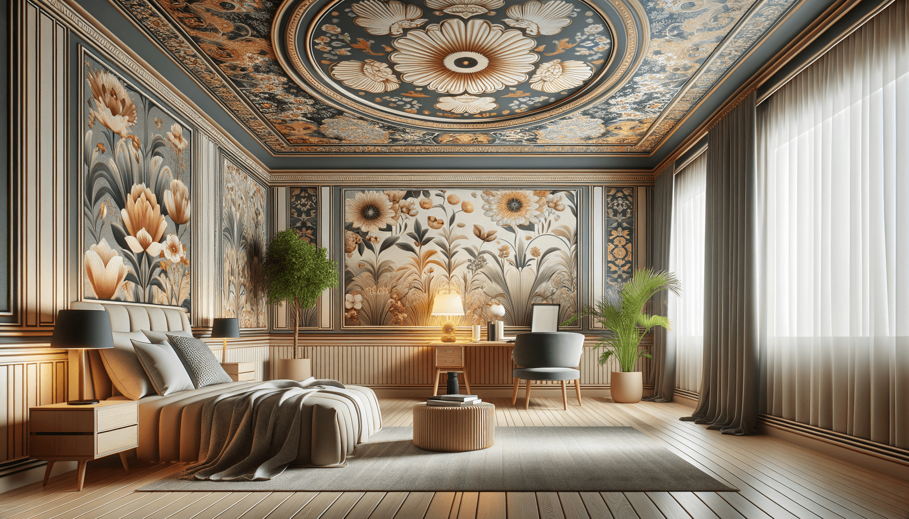 Camera da letto con decorazioni floreali eleganti.