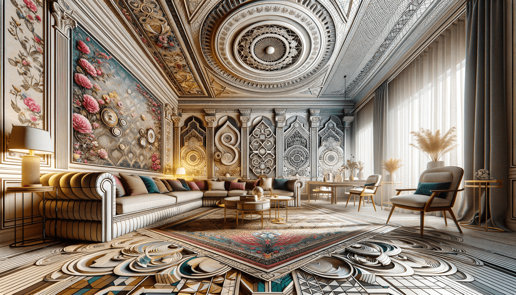 Soggiorno lussuoso con decorazioni intricate.