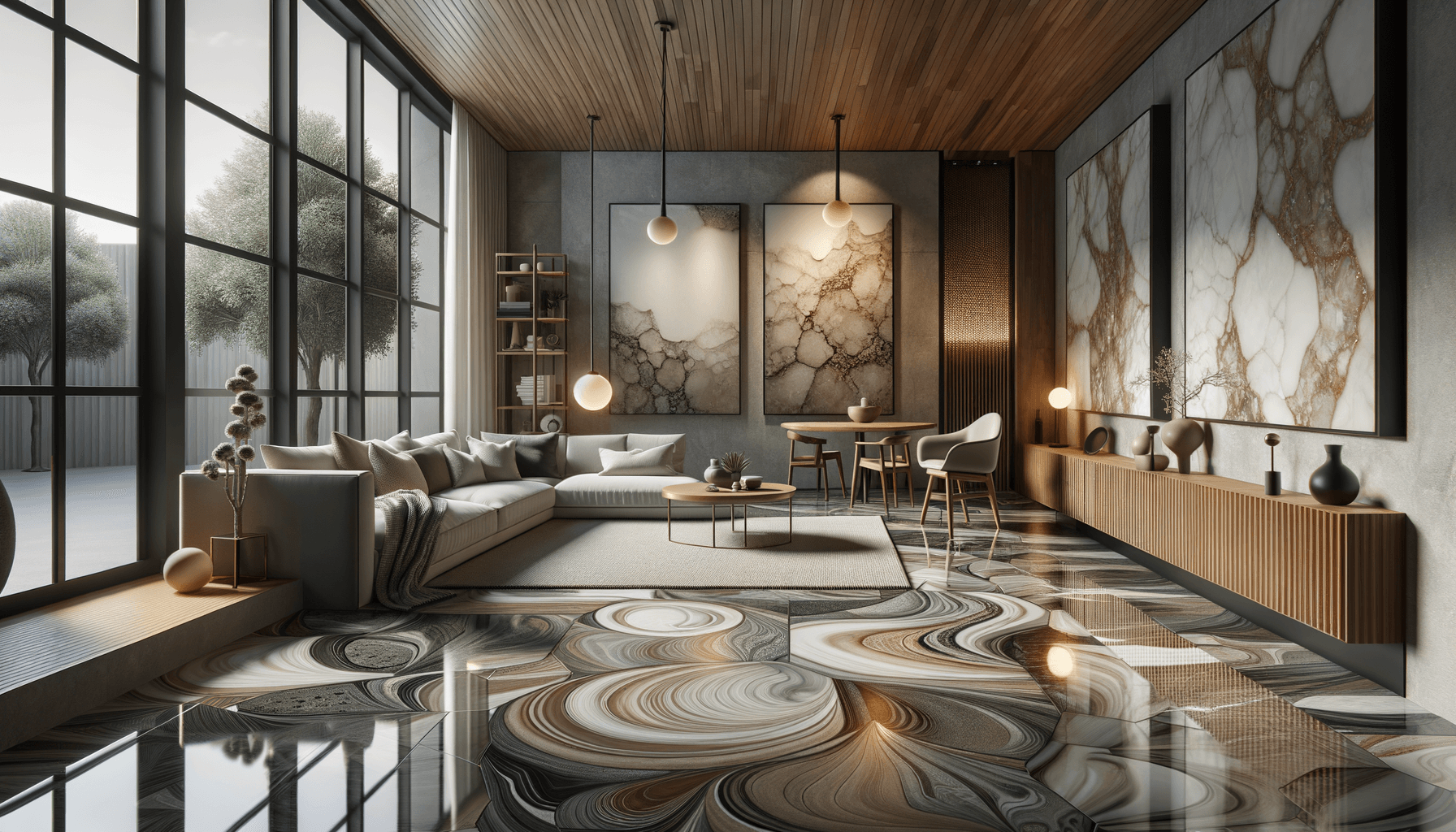 Soggiorno moderno con vetrate e decorazioni eleganti