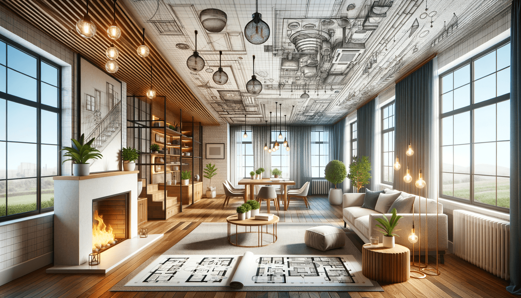 Salotto moderno con caminetto e arredamento elegante.