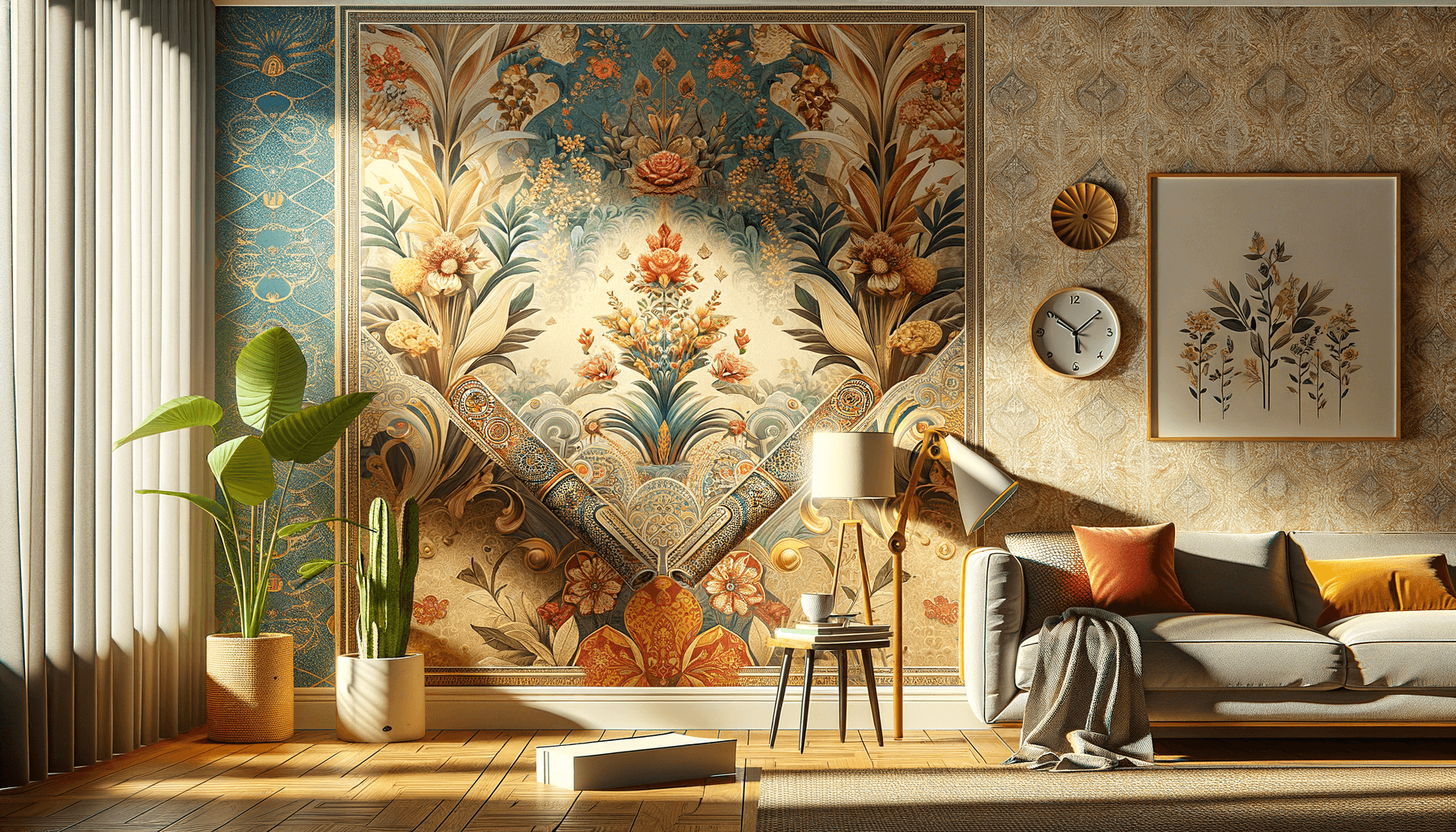 Salotto design, muro decorato con tappezzeria floreale.