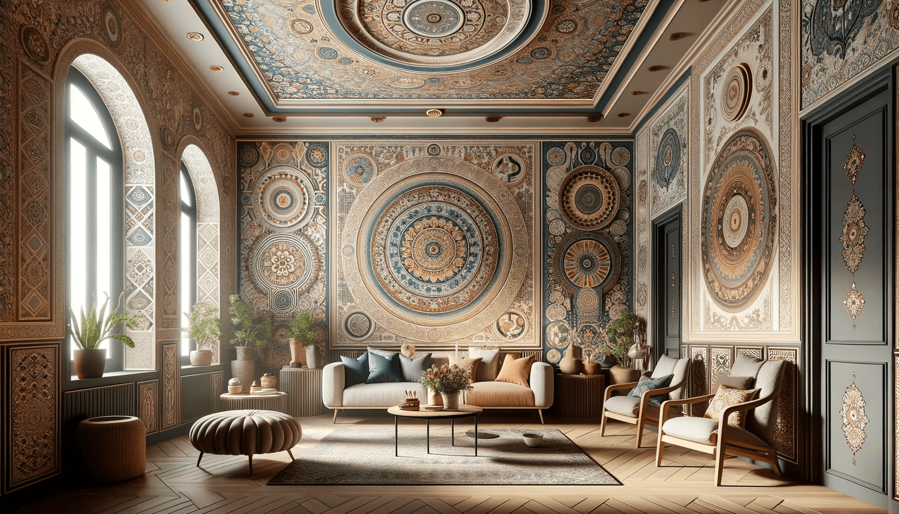 Soggiorno con decorazioni murali intricate.